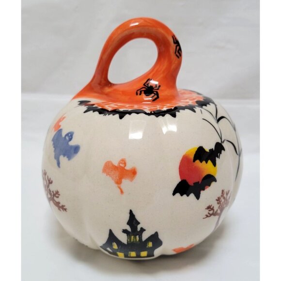 Hand-Painted Halloween Pumpkin Table Decor With Spiders Bats Owls Cats By Kalich - Picture 3 of 6